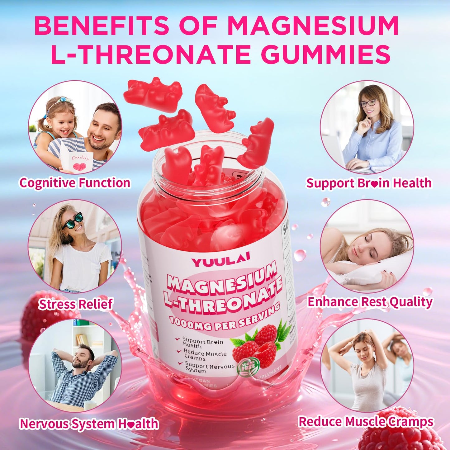 Magnesium L-Threonate Gummies – Sugar-Free 1000mg, Raspberry Flavor, 60 Count for Kids & Adults