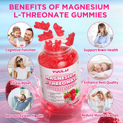 Magnesium L-Threonate Gummies – Sugar-Free 1000mg, Raspberry Flavor, 60 Count for Kids & Adults