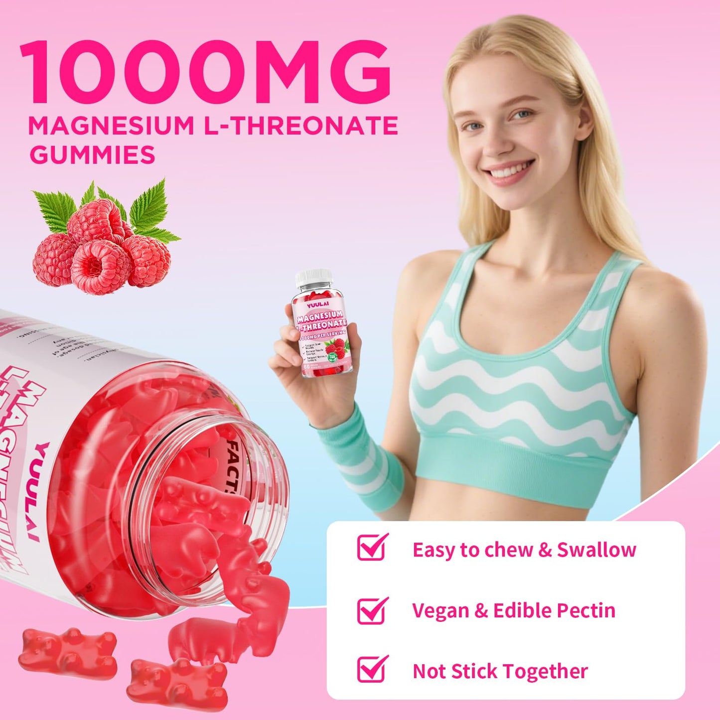 Magnesium L-Threonate Gummies – Sugar-Free 1000mg, Raspberry Flavor, 60 Count for Kids & Adults