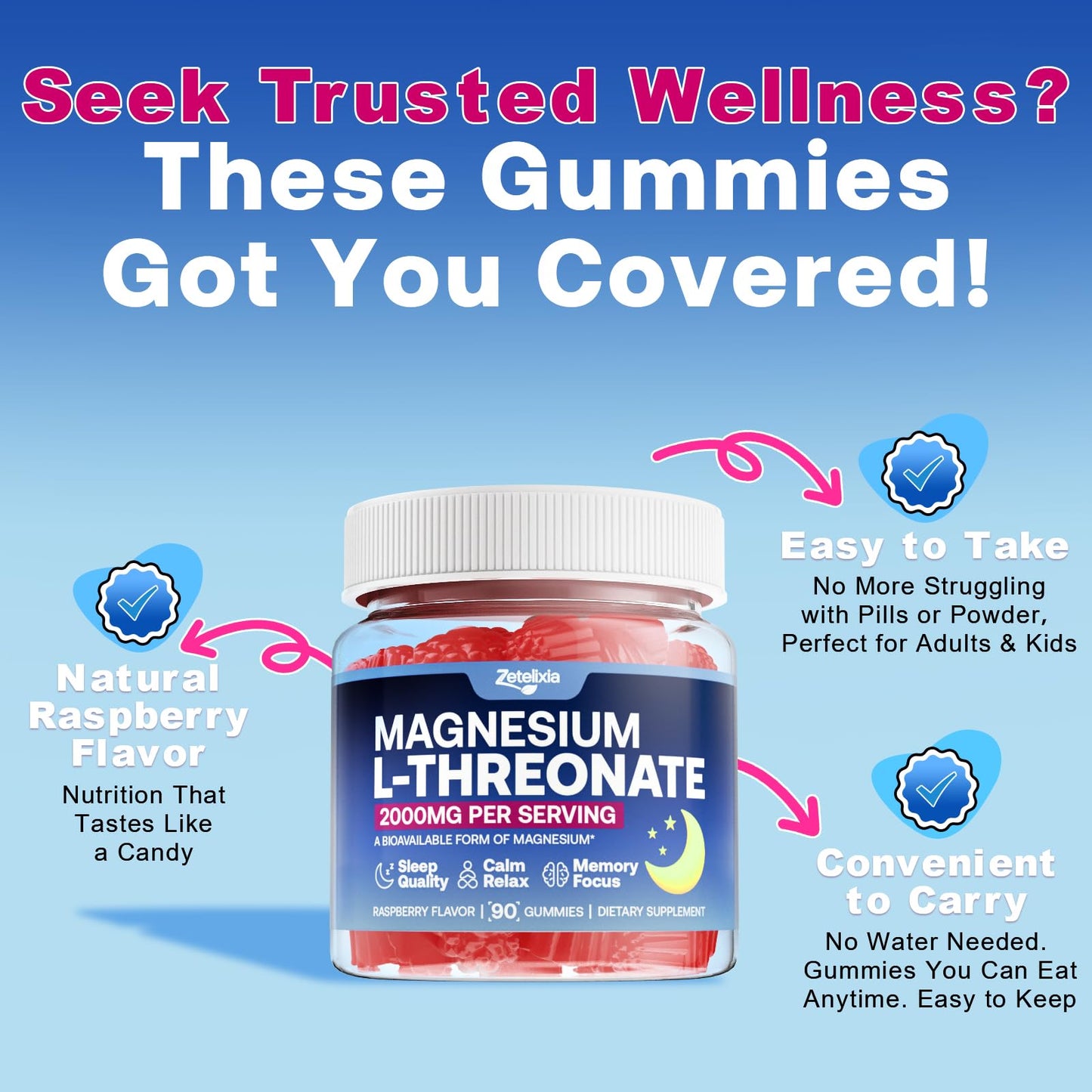 90 Count Magnesium L-Threonate Gummies 2000mg – Cognition & Sleep Support