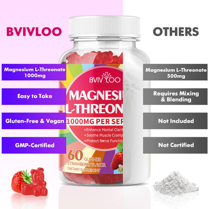 1000mg Magnesium L-Threonate Gummies - Vegan Sugar-Free Strawberry (60 ct)