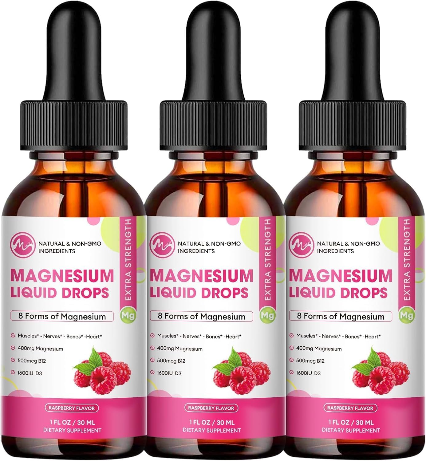(3 Pack) Magnesium Liquid Drops – 8-in-1 Magnesium Complex (Glycinate, Citrate, Malate, Taurate) Raspberry