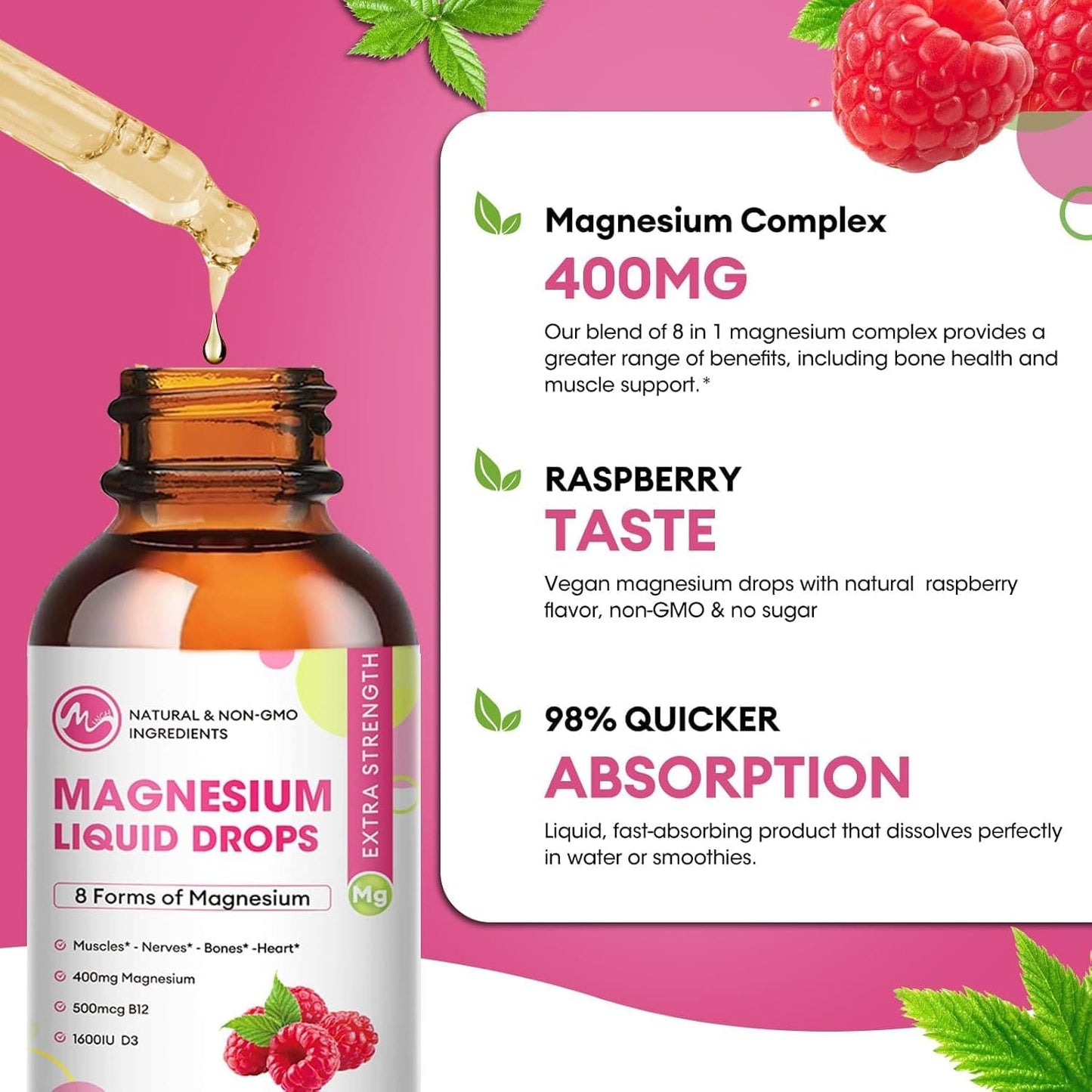 (3 Pack) Magnesium Liquid Drops – 8-in-1 Magnesium Complex (Glycinate, Citrate, Malate, Taurate) Raspberry