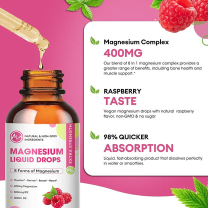 (3 Pack) Magnesium Liquid Drops – 8-in-1 Magnesium Complex (Glycinate, Citrate, Malate, Taurate) Raspberry