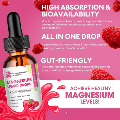 (3 Pack) Magnesium Liquid Drops – 8-in-1 Magnesium Complex (Glycinate, Citrate, Malate, Taurate) Raspberry