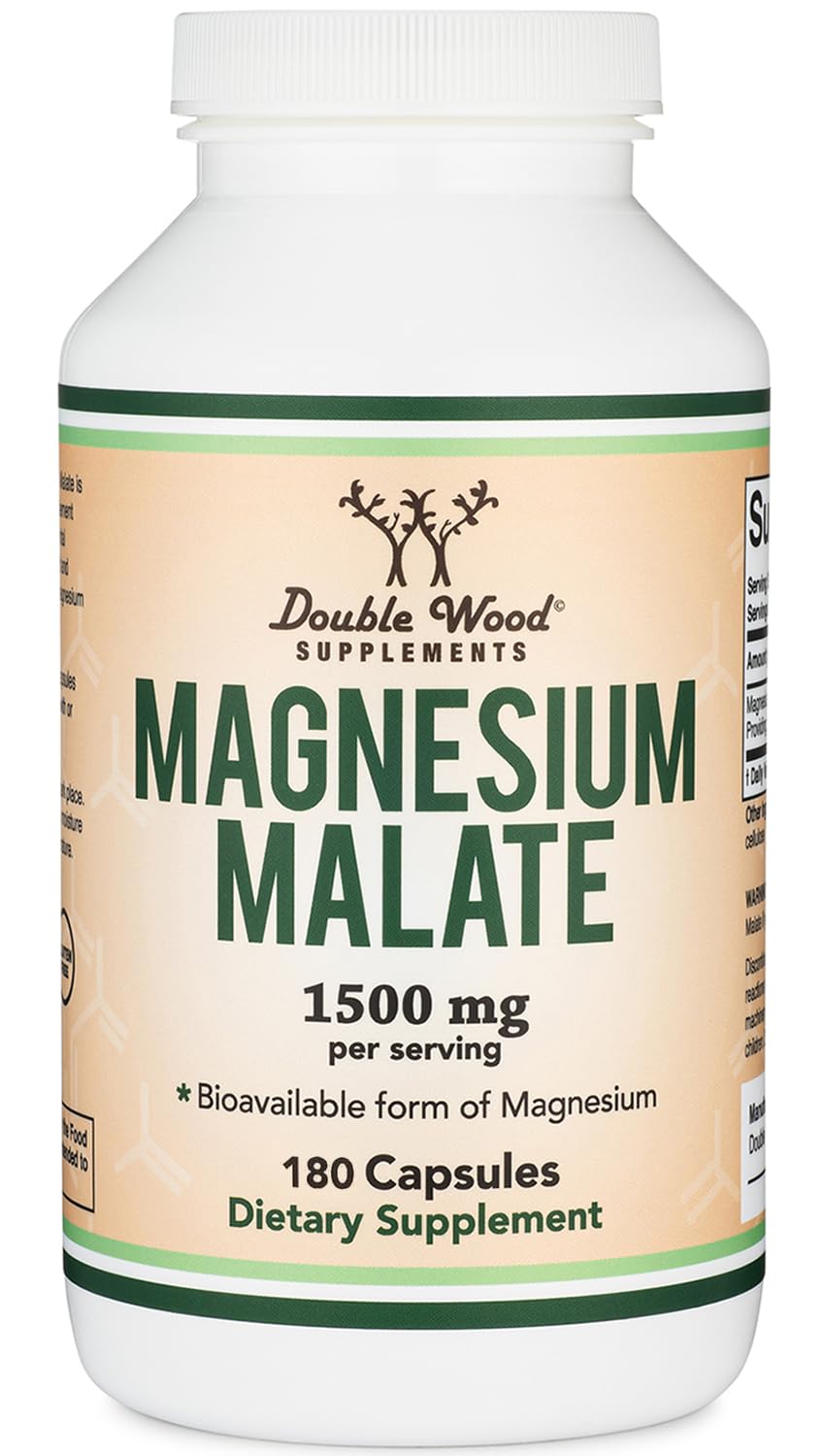 Magnesium Malate Capsules (180 Count) - 1,500mg per Serving | Vegan, Gluten Free | Double Wood Supplements
