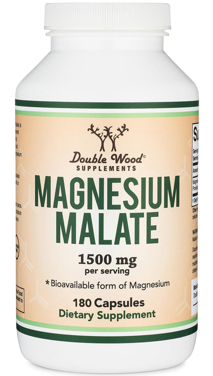 Magnesium Malate Capsules (180 Count) - 1,500mg per Serving | Vegan, Gluten Free | Double Wood Supplements