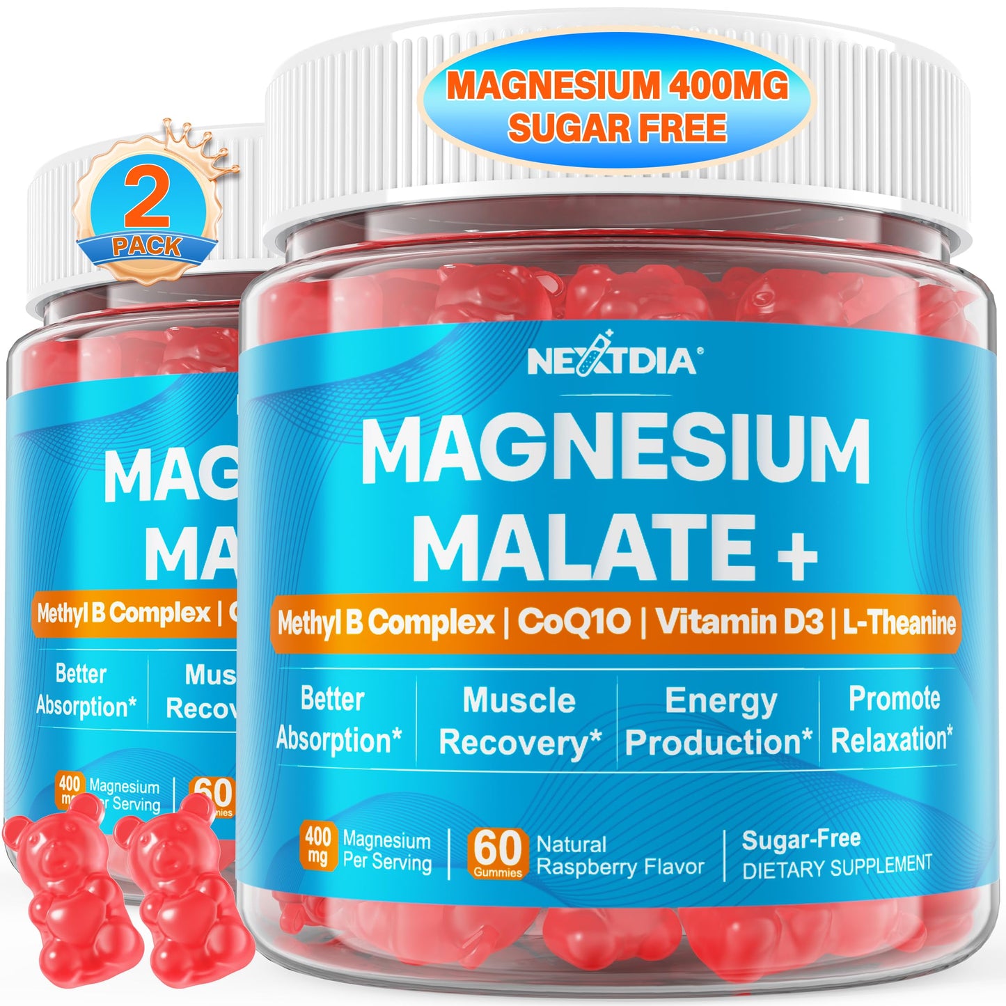 Magnesium Malate Gummies 400mg – Sugar Free 2-Pack | CoQ10, L-Theanine & B Vitamins