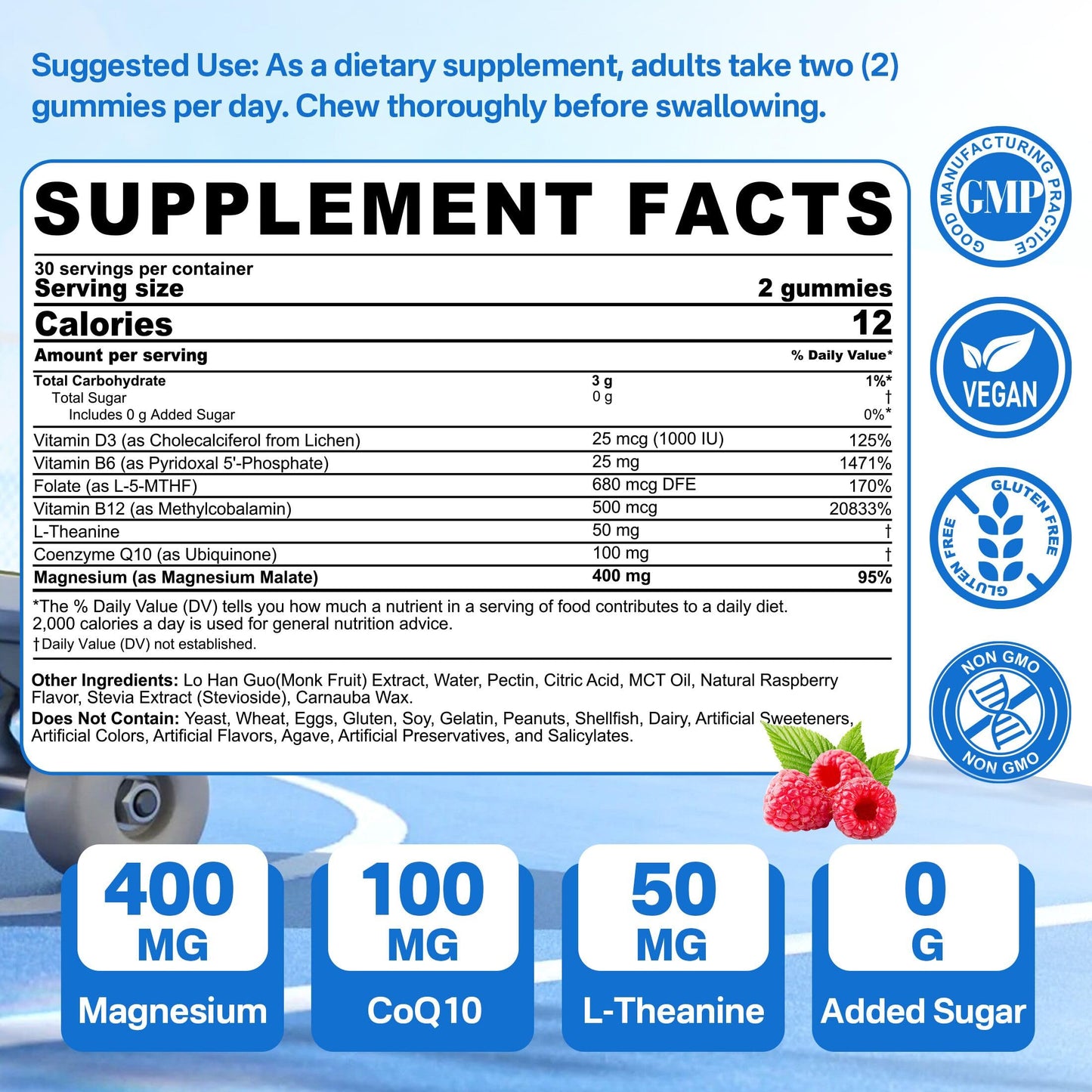 Magnesium Malate Gummies 400mg – Sugar Free 2-Pack | CoQ10, L-Theanine & B Vitamins