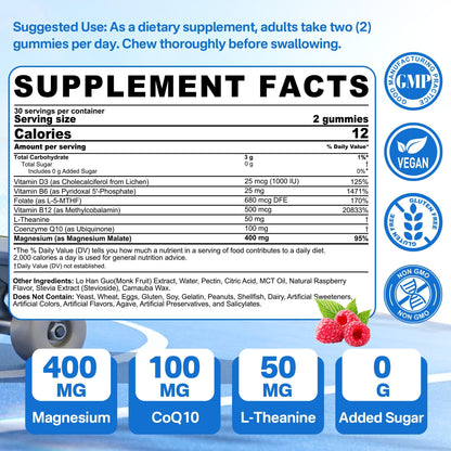 Magnesium Malate Gummies 400mg – Sugar Free 2-Pack | CoQ10, L-Theanine & B Vitamins