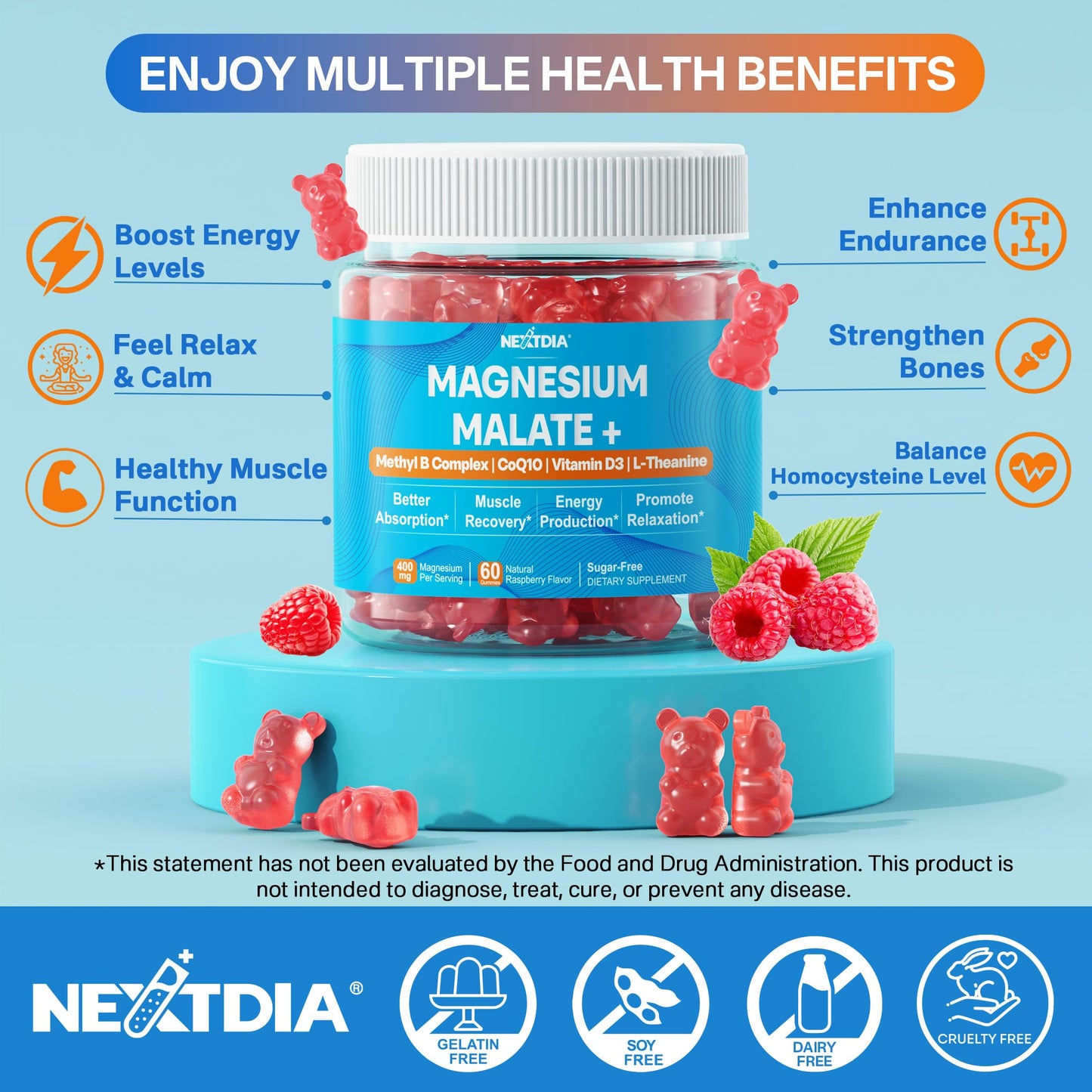 Magnesium Malate Gummies 400mg – Sugar Free 2-Pack | CoQ10, L-Theanine & B Vitamins