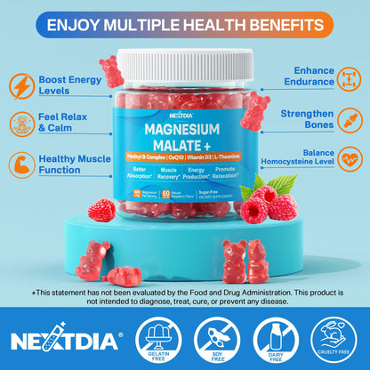 Magnesium Malate Gummies 400mg – Sugar Free 2-Pack | CoQ10, L-Theanine & B Vitamins
