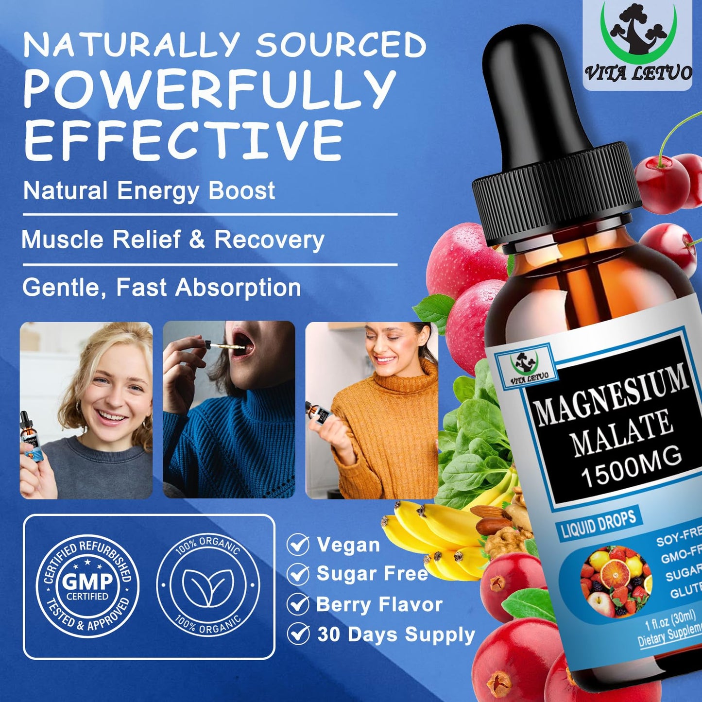 Magnesium Malate Liquid Drops | High Absorption Liquid Magnesium Supplement for Healthy Energy & Muscle Function Support - Magnesium Malate 1500mg for Adults Women & Men | Non-GMO - 30 Servings