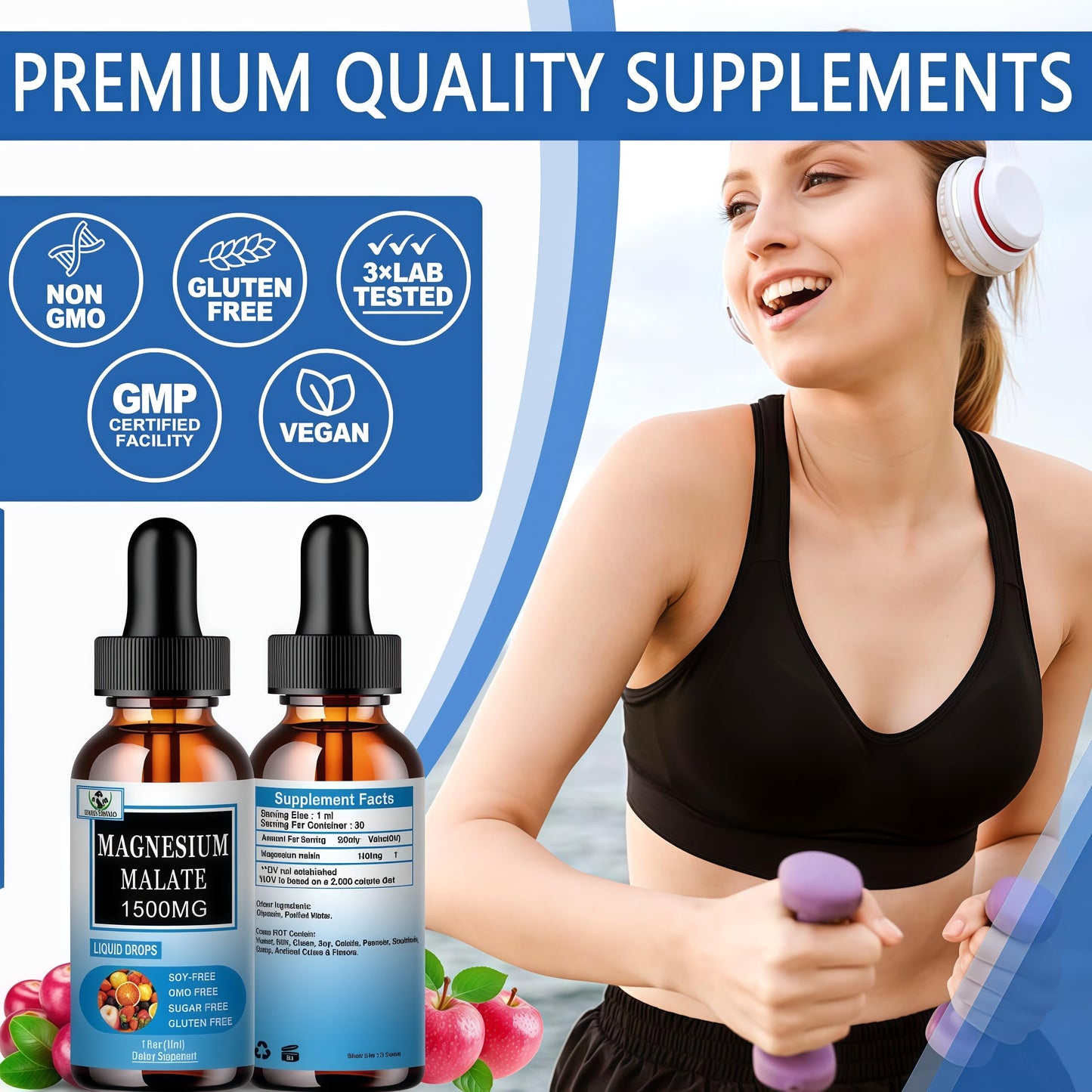 Magnesium Malate Liquid Drops | High Absorption Liquid Magnesium Supplement for Healthy Energy & Muscle Function Support - Magnesium Malate 1500mg for Adults Women & Men | Non-GMO - 30 Servings