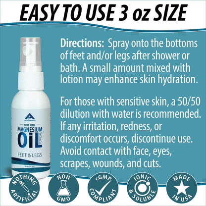 Magnesium Oil Spray for Feet & Legs - Made in USA | Ionic Magnesium Chloride 3oz