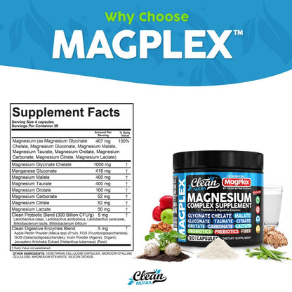 8in1 Magnesium Supplement Complex | Clean Nutra Magplex Glycinate, Citrate, Malate & Probiotics