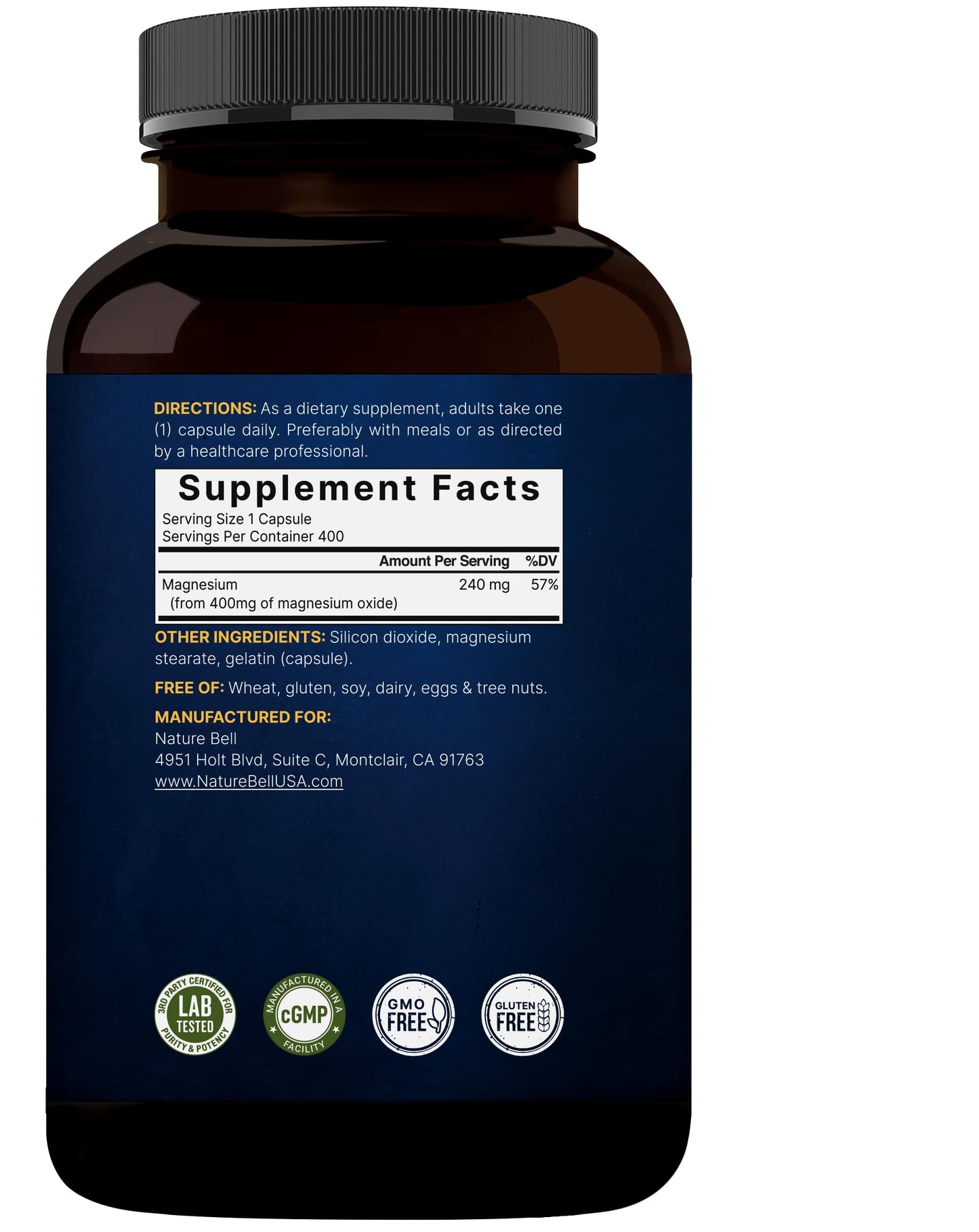 Magnesium Oxide 400mg – 400 Capsules | High Purity Elemental Magnesium | Non-GMO, Gluten Free