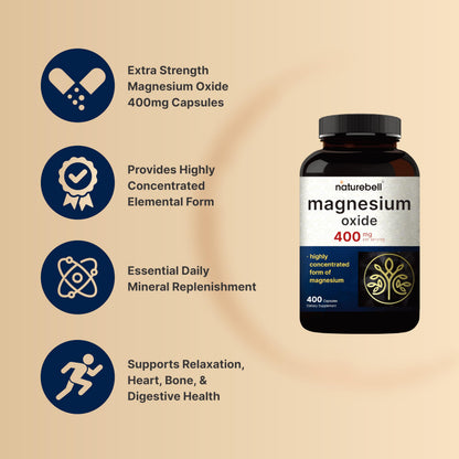 Magnesium Oxide 400mg – 400 Capsules | High Purity Elemental Magnesium | Non-GMO, Gluten Free