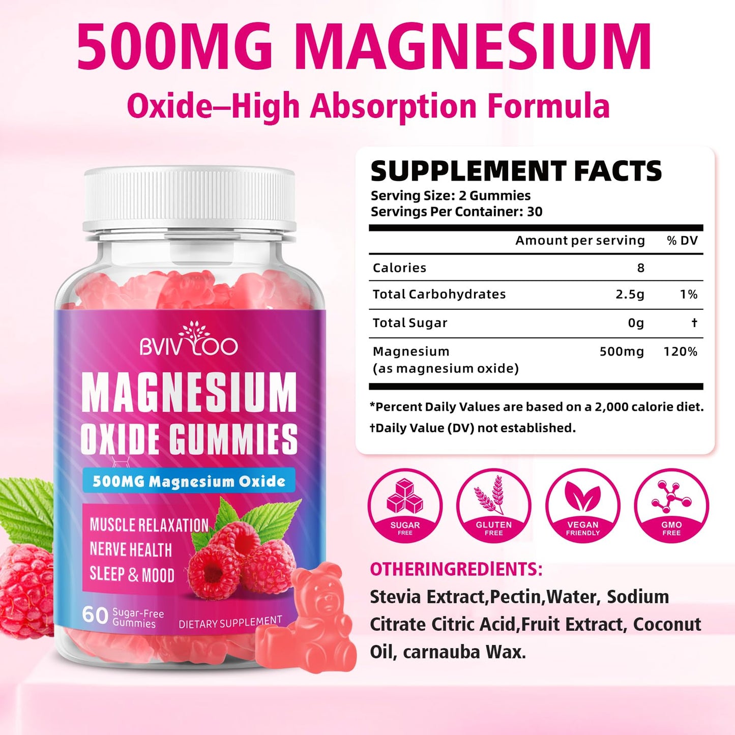 Magnesium Oxide 500mg Gummies – Vegan Sugar-Free Raspberry, 60 Gummies
