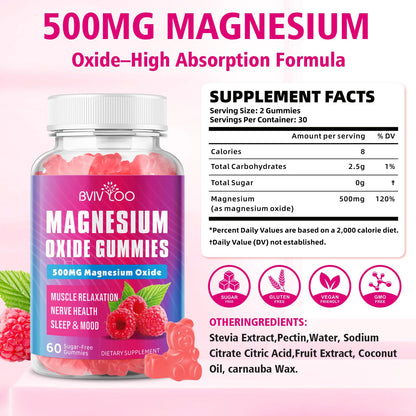 Magnesium Oxide 500mg Gummies – Vegan Sugar-Free Raspberry, 60 Gummies