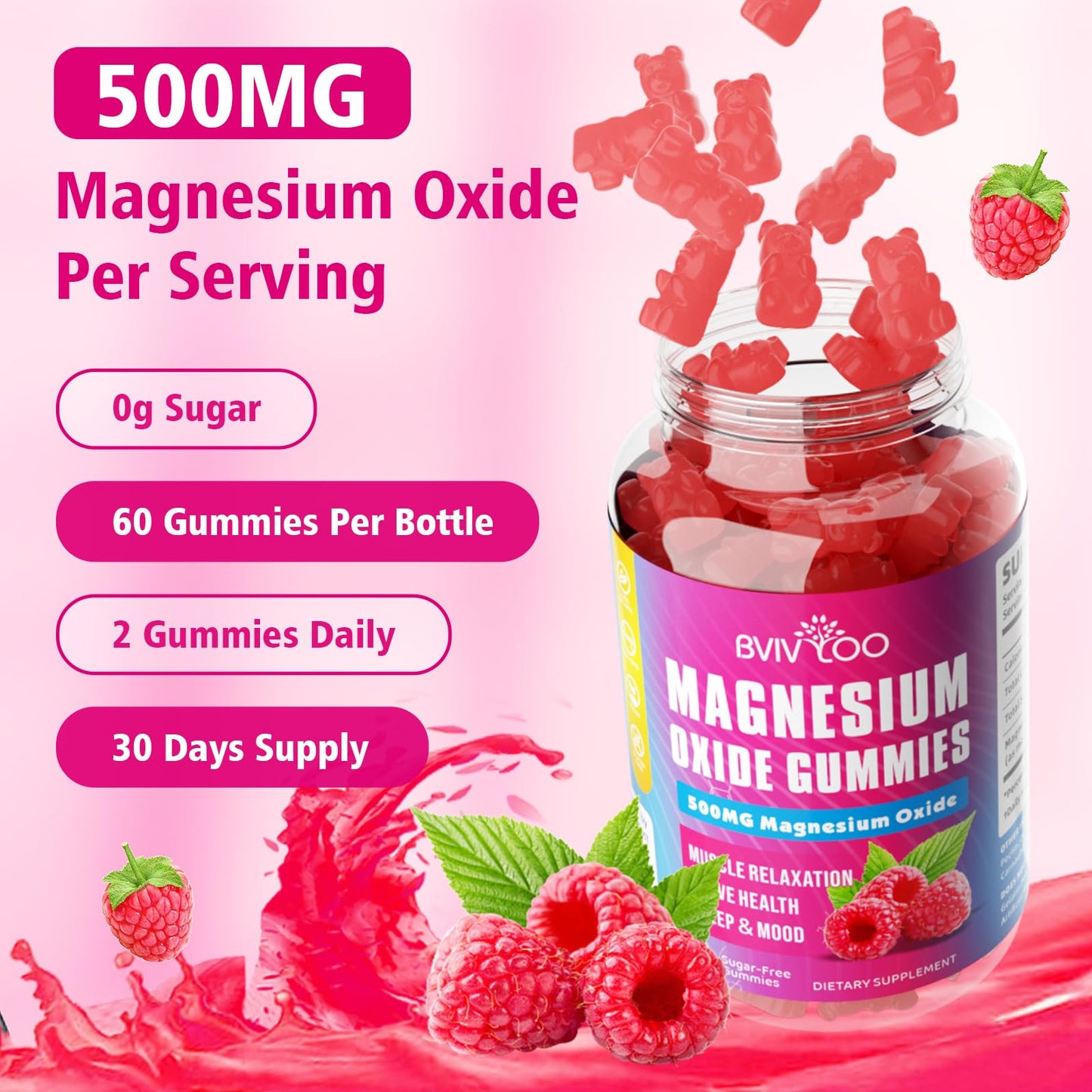 Magnesium Oxide 500mg Gummies – Vegan Sugar-Free Raspberry, 60 Gummies