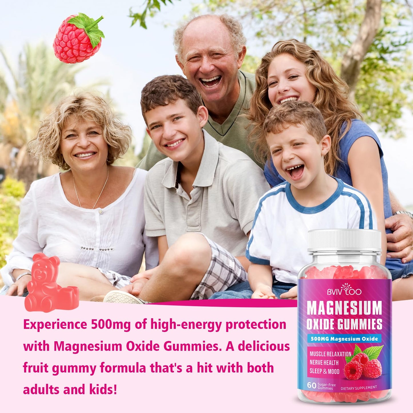 Magnesium Oxide 500mg Gummies – Vegan Sugar-Free Raspberry, 60 Gummies