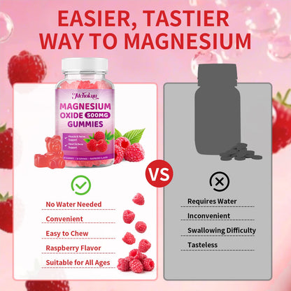 Magnesium Oxide Gummies 500mg - Sugar Free Raspberry Flavor for Adults and Kids | Nerve Support