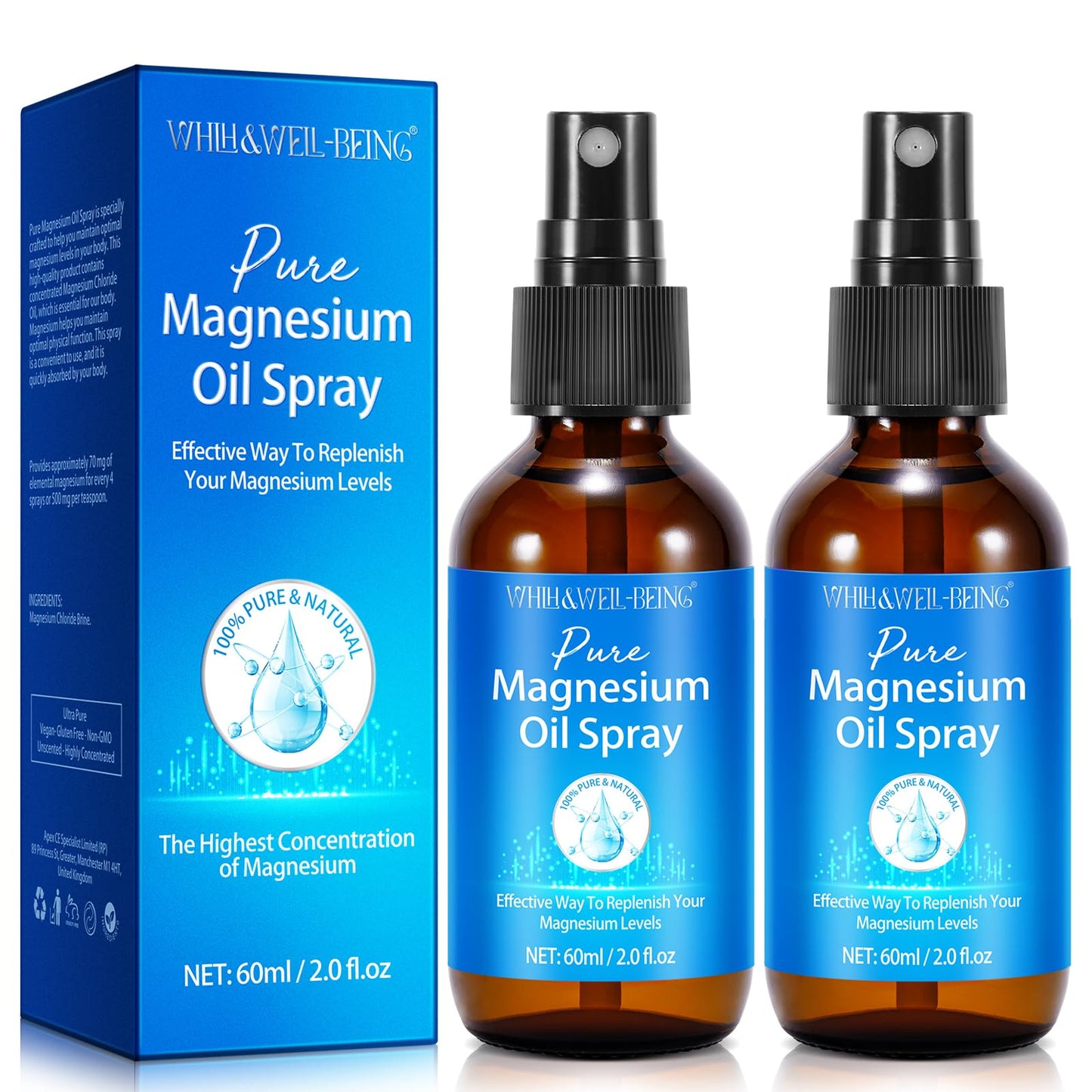 Magnesium Spray – Pure Magnesium Oil for Feet | Glass Bottle | 2-Pack