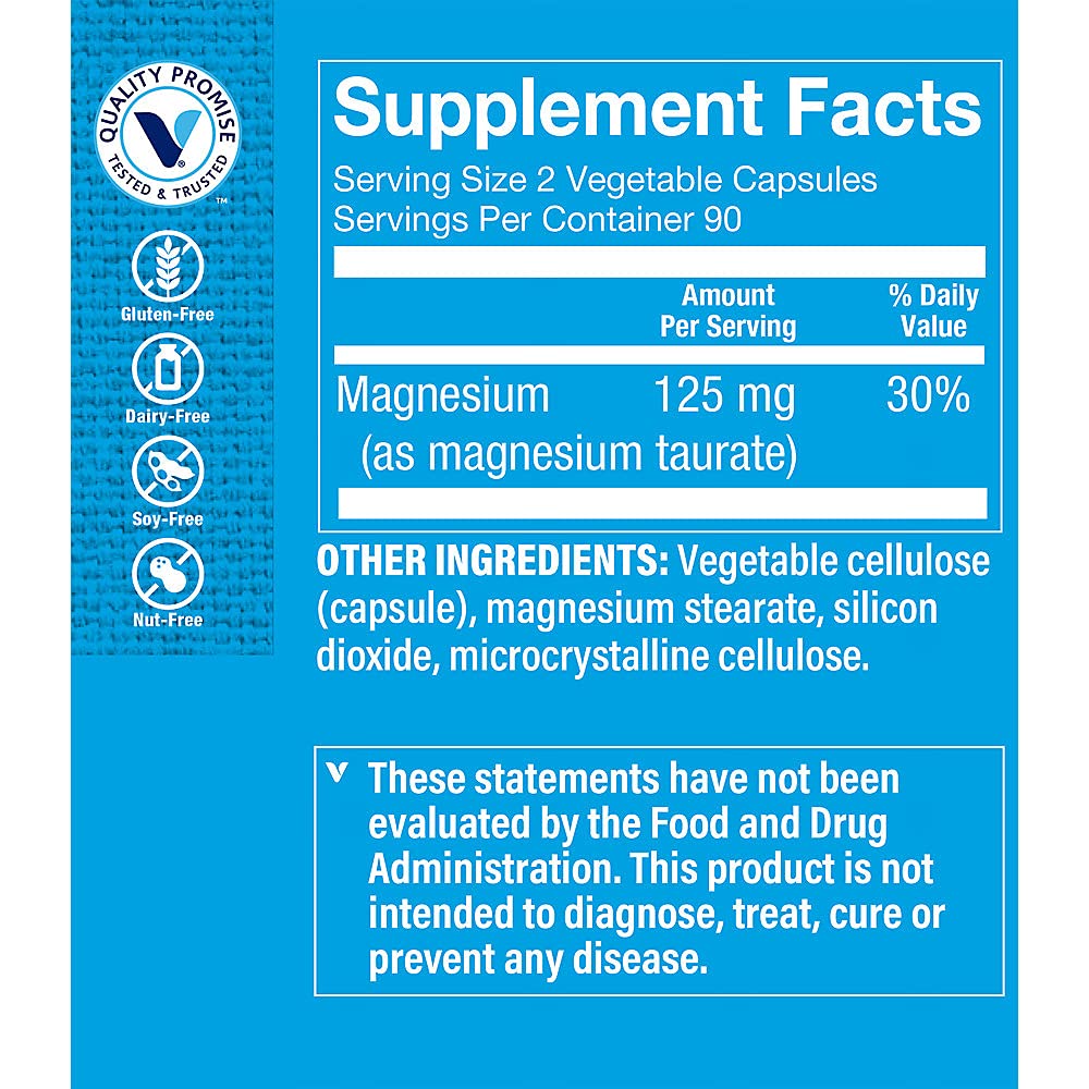 The Vitamin Shoppe Magnesium Taurate 125MG — Energy, Muscle Relaxation & Cardiovascular Health | 180 Veggie Capsules
