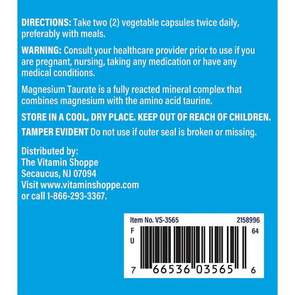 The Vitamin Shoppe Magnesium Taurate 125MG — Energy, Muscle Relaxation & Cardiovascular Health | 180 Veggie Capsules