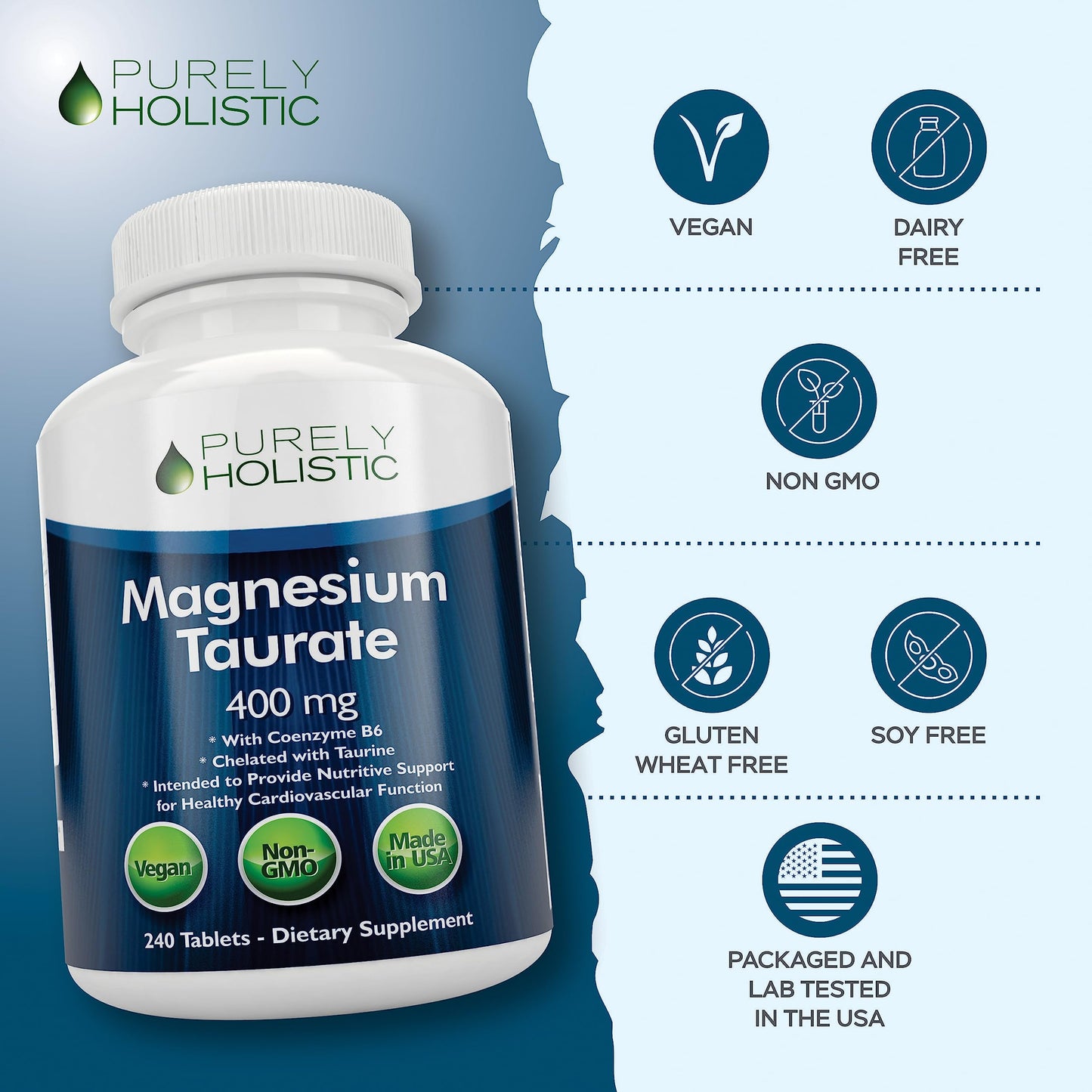 Magnesium Taurate 400mg Tablets – Chelated Mg with Taurine & B6 | 240 Vegan Tablets