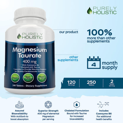 Magnesium Taurate 400mg Tablets – Chelated Mg with Taurine & B6 | 240 Vegan Tablets