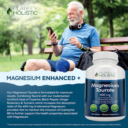 Magnesium Taurate 400mg Tablets – Chelated Mg with Taurine & B6 | 240 Vegan Tablets