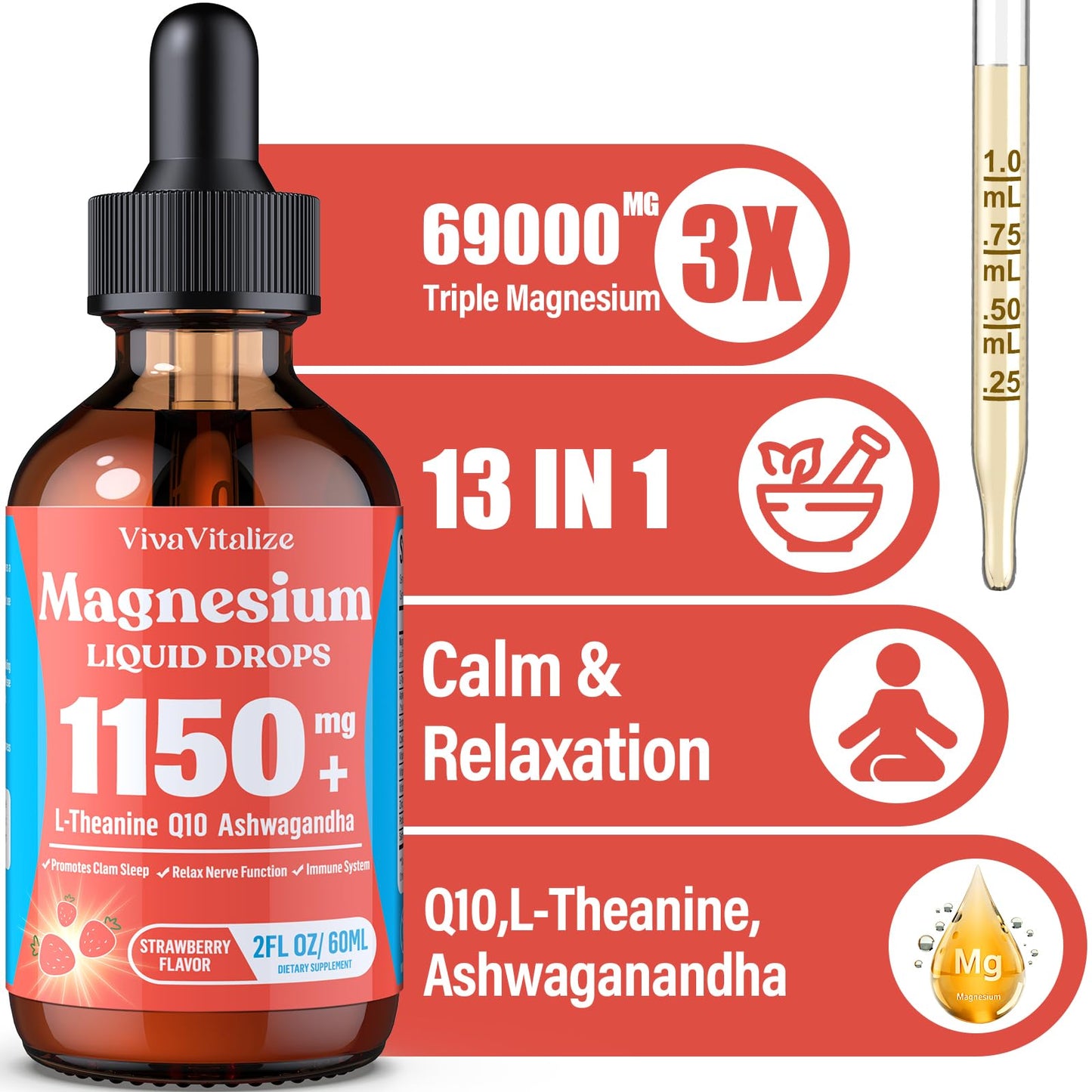 Magnesium Glycinate Liquid, Triple Magnesium Complex Liquid Drop, Magnesium Taurate & Citrate Liquid for Adults Calm Stress Support, Muscle Relaxation, Good Sleep