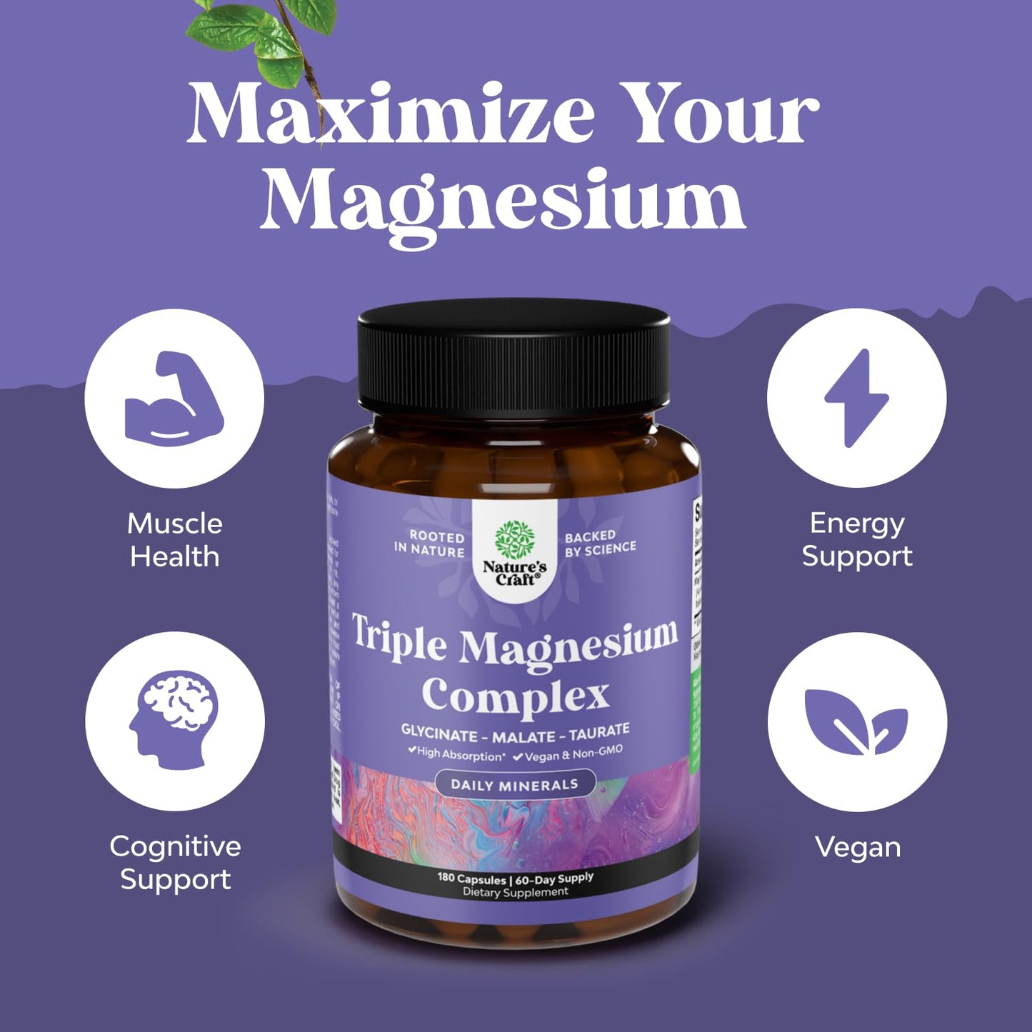 Triple Magnesium Complex | High-Absorption Magnesium Glycinate, Malate & Taurate | 400 mg, 180 Count