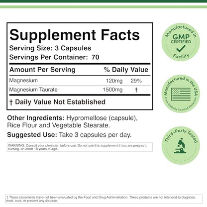 Magnesium Taurate for Cardiovascular Health – 1,500mg/Serving | 210 Vegan Capsules | Double Wood Supplements