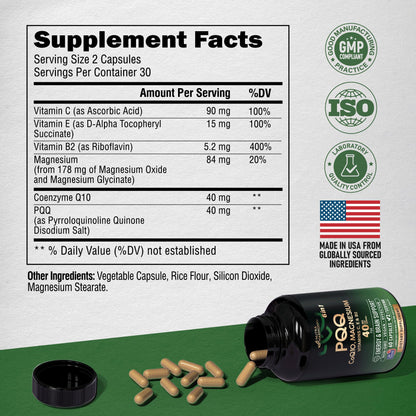 PQQ 40 mg with CoQ10 – Mitochondrial Biogenesis & Energy | 60 Capsules | USA Made
