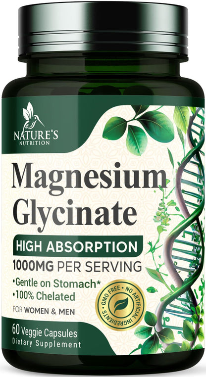 Magnesium Glycinate 1000mg – Chelated Magnesium for Heart, Nerves, Bones & Muscles | 60 Capsules