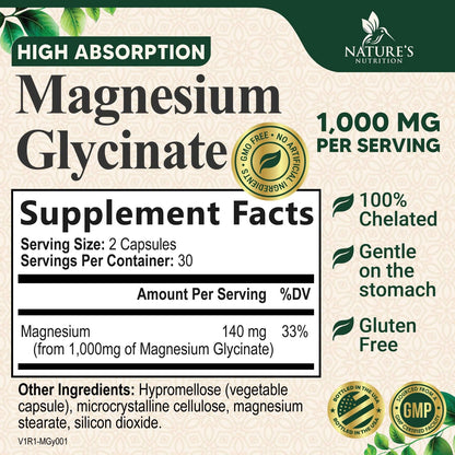 Magnesium Glycinate 1000mg – Chelated Magnesium for Heart, Nerves, Bones & Muscles | 60 Capsules