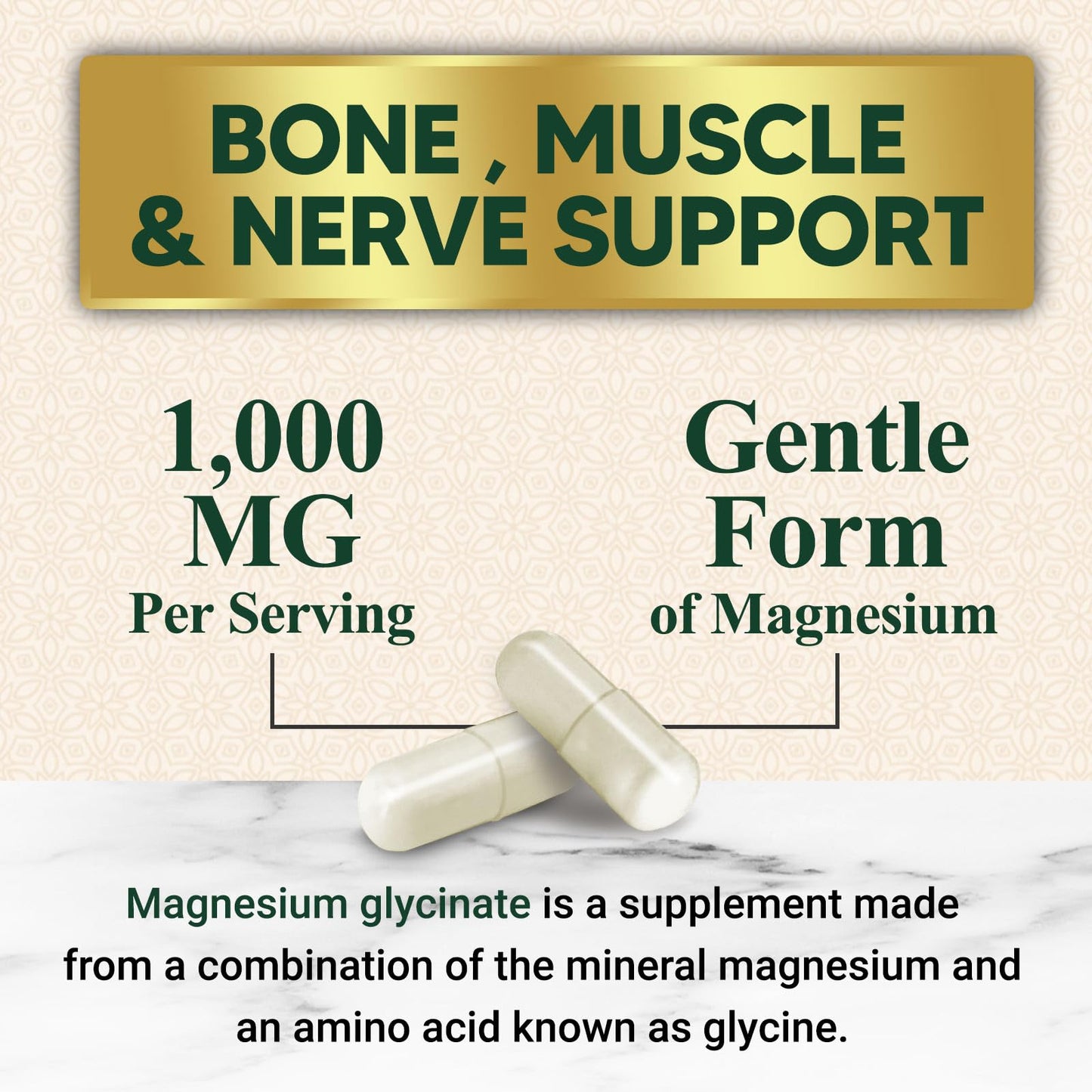 Magnesium Glycinate 1000mg – Chelated Magnesium for Heart, Nerves, Bones & Muscles | 60 Capsules