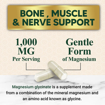 Magnesium Glycinate 1000mg – Chelated Magnesium for Heart, Nerves, Bones & Muscles | 60 Capsules