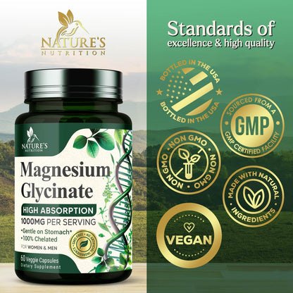 Magnesium Glycinate 1000mg – Chelated Magnesium for Heart, Nerves, Bones & Muscles | 60 Capsules