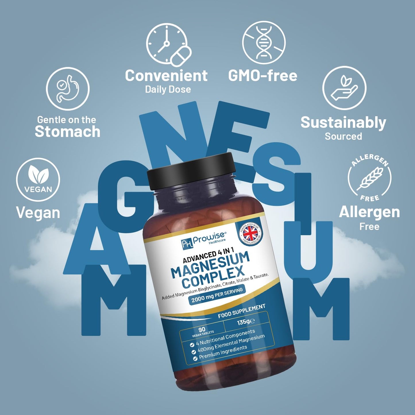 Magnesium Glycinate Complex 4-in-1 | 2000mg per Serving | 400mg Elemental | 90 Vegan Tablets | Prowise