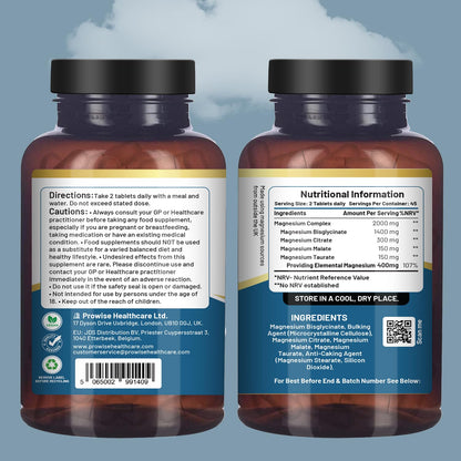 Magnesium Glycinate Complex 4-in-1 | 2000mg per Serving | 400mg Elemental | 90 Vegan Tablets | Prowise