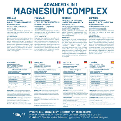 Magnesium Glycinate Complex 4-in-1 | 2000mg per Serving | 400mg Elemental | 90 Vegan Tablets | Prowise