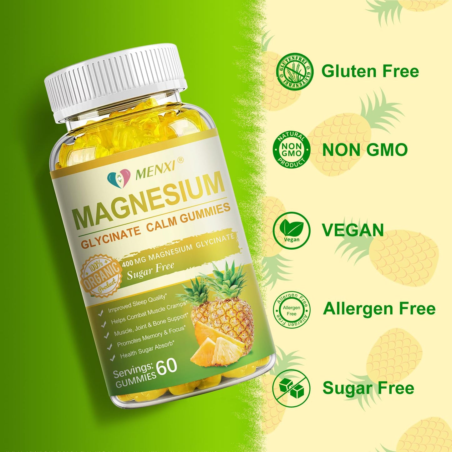 Magnesium Glycinate Gummies 400mg + Taurate, Sugar Free Pineapple - 60 Gummies with Vitamin D, B6, CoQ10 | Sleep & Relaxation