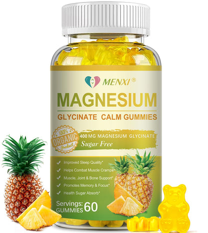 Magnesium Glycinate Gummies 400mg + Taurate, Sugar Free Pineapple - 60 Gummies with Vitamin D, B6, CoQ10 | Sleep & Relaxation