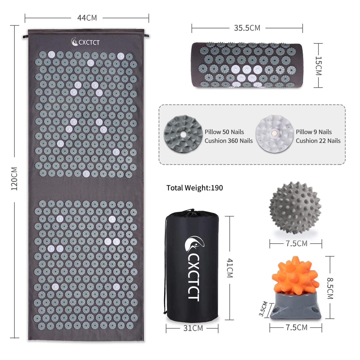 Extra Long Yoga Acupressure Mat Set with Magnetic Points – Full-Body Massage Pillow for Neck & Back Pain Relief (Grey)