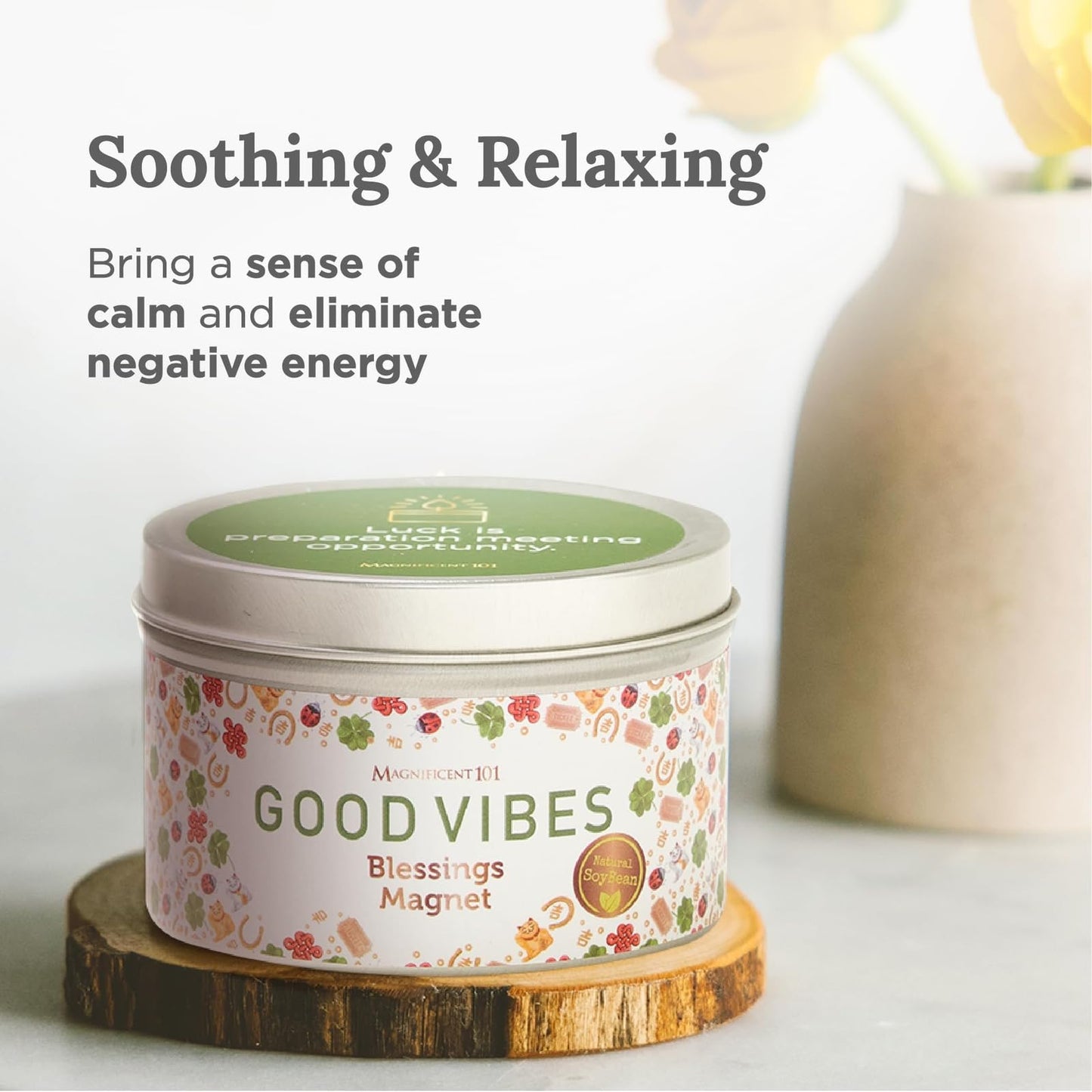 Magnificent 101 Good Vibes Manifestation Candle – 6 oz Soy Tin, Sage & Sandalwood