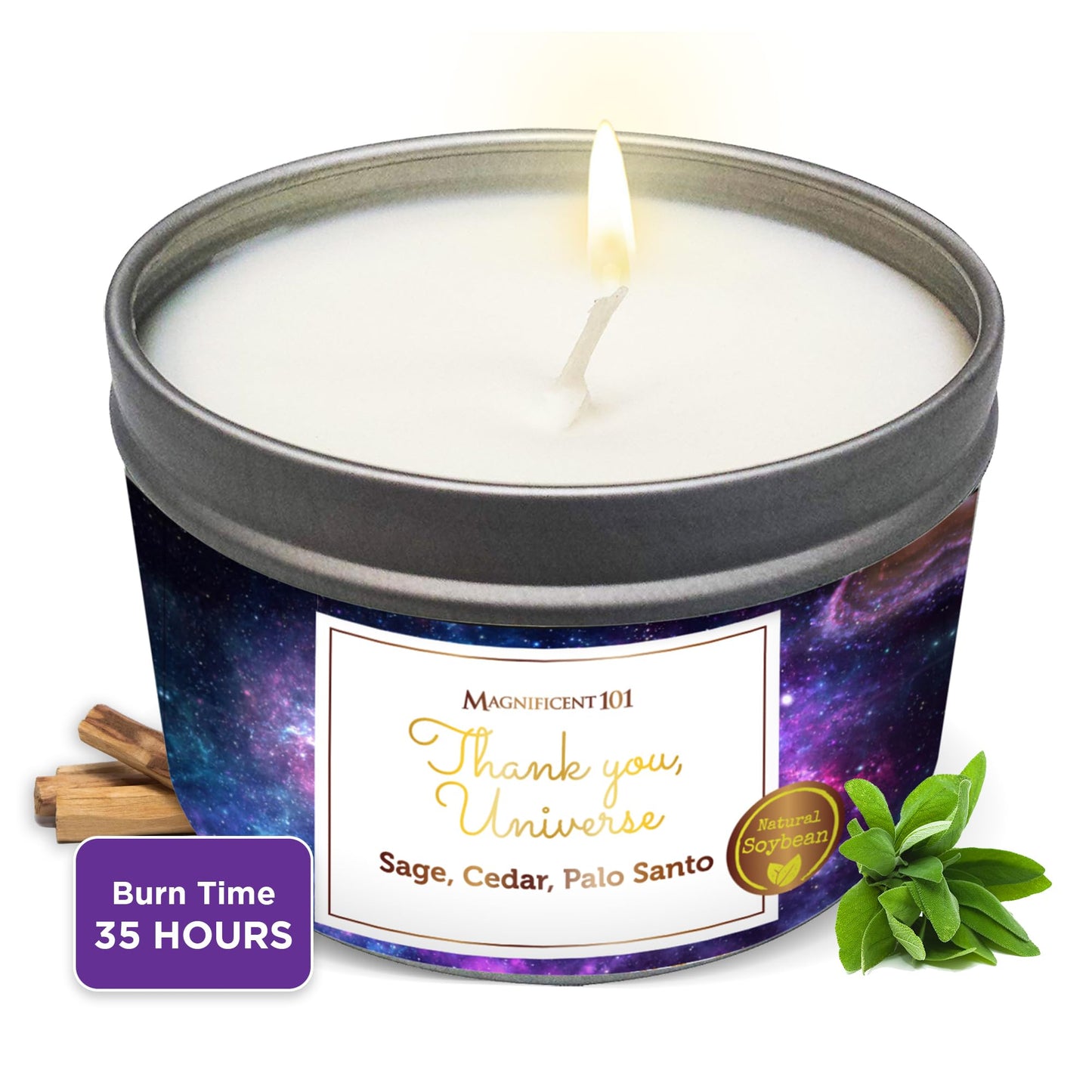 Magnificent 101 Affirmation Candle – Thank You Universe Aromatherapy Smudge, 6oz, 35-Hour Burn